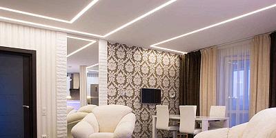 Натяжной потолок световые линии в гостиную на 12 квадратов
