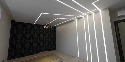 Белый натяжной потолок световые линии в спальню 11 кв.м